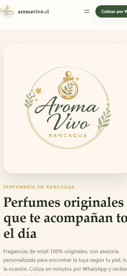 El mismo sitio de Aroma Vivo visto en un teléfono.