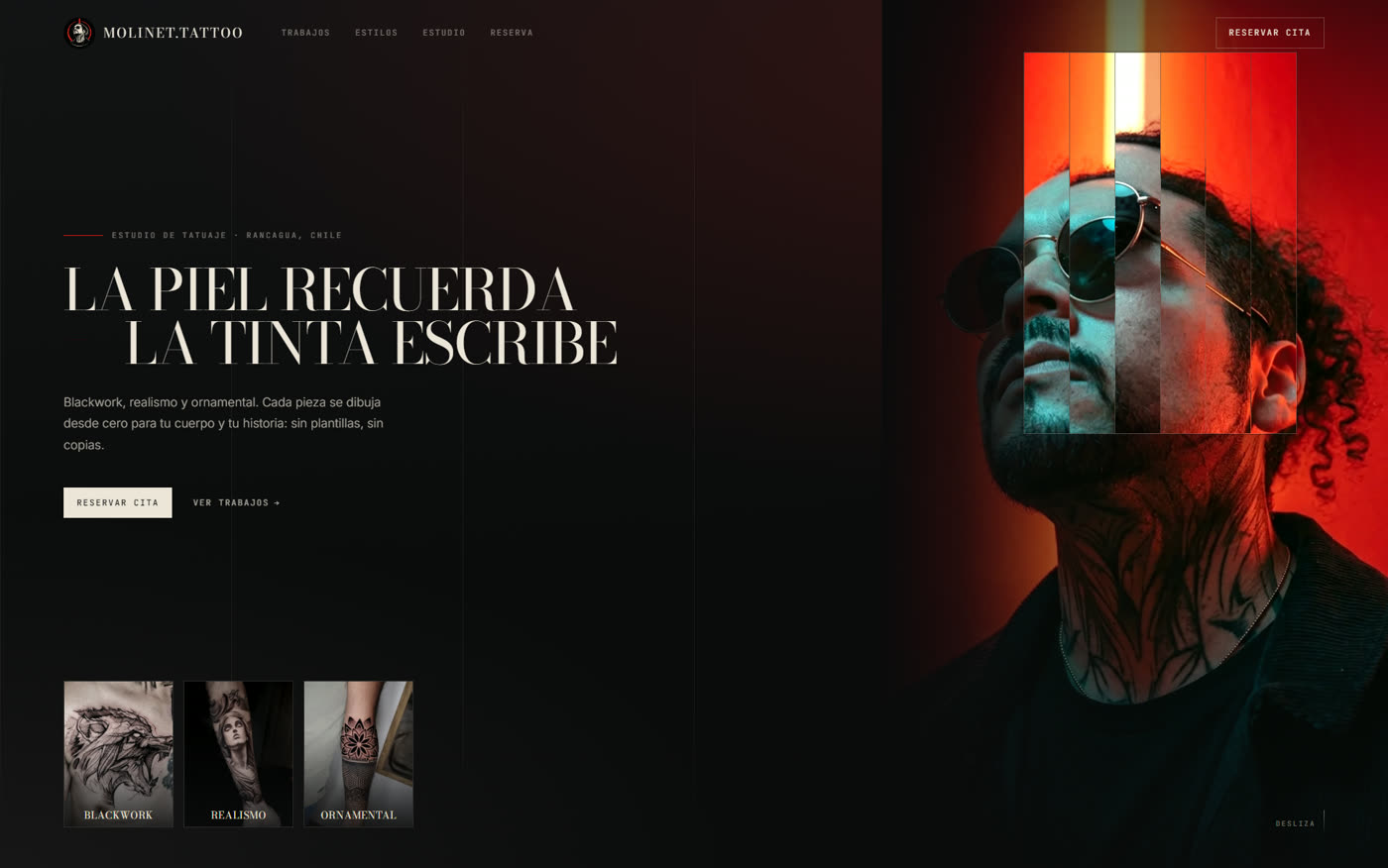 Portada del sitio de Molinet.Tattoo, con el retrato del tatuador y la galería por estilo.